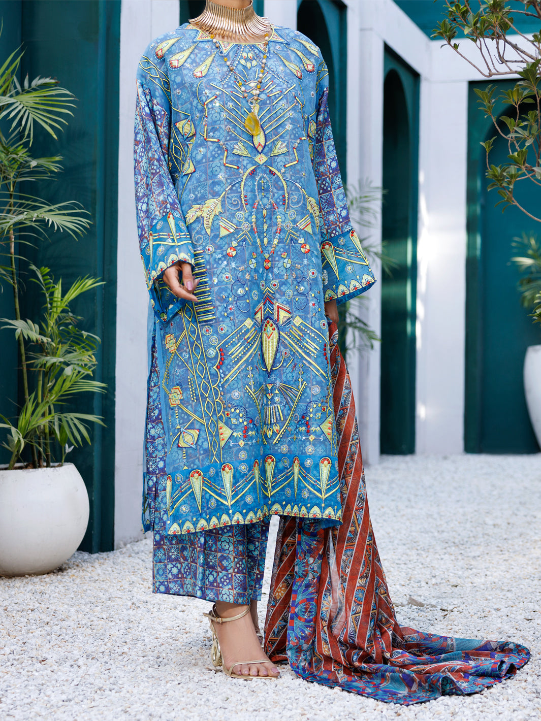 Almirah Blue Organza Formal 3Pc Stitched - AL-3PS-LS-545