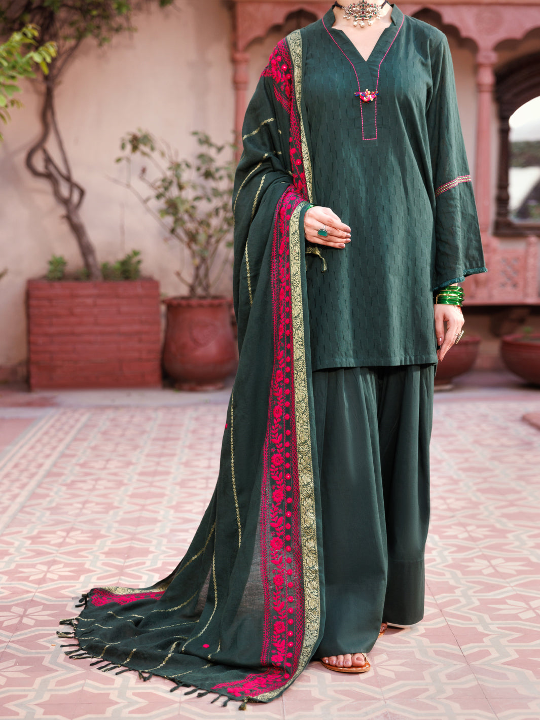Almirah Green Cotton Dobby 3Pc Stitched - ALP-3PS-2134