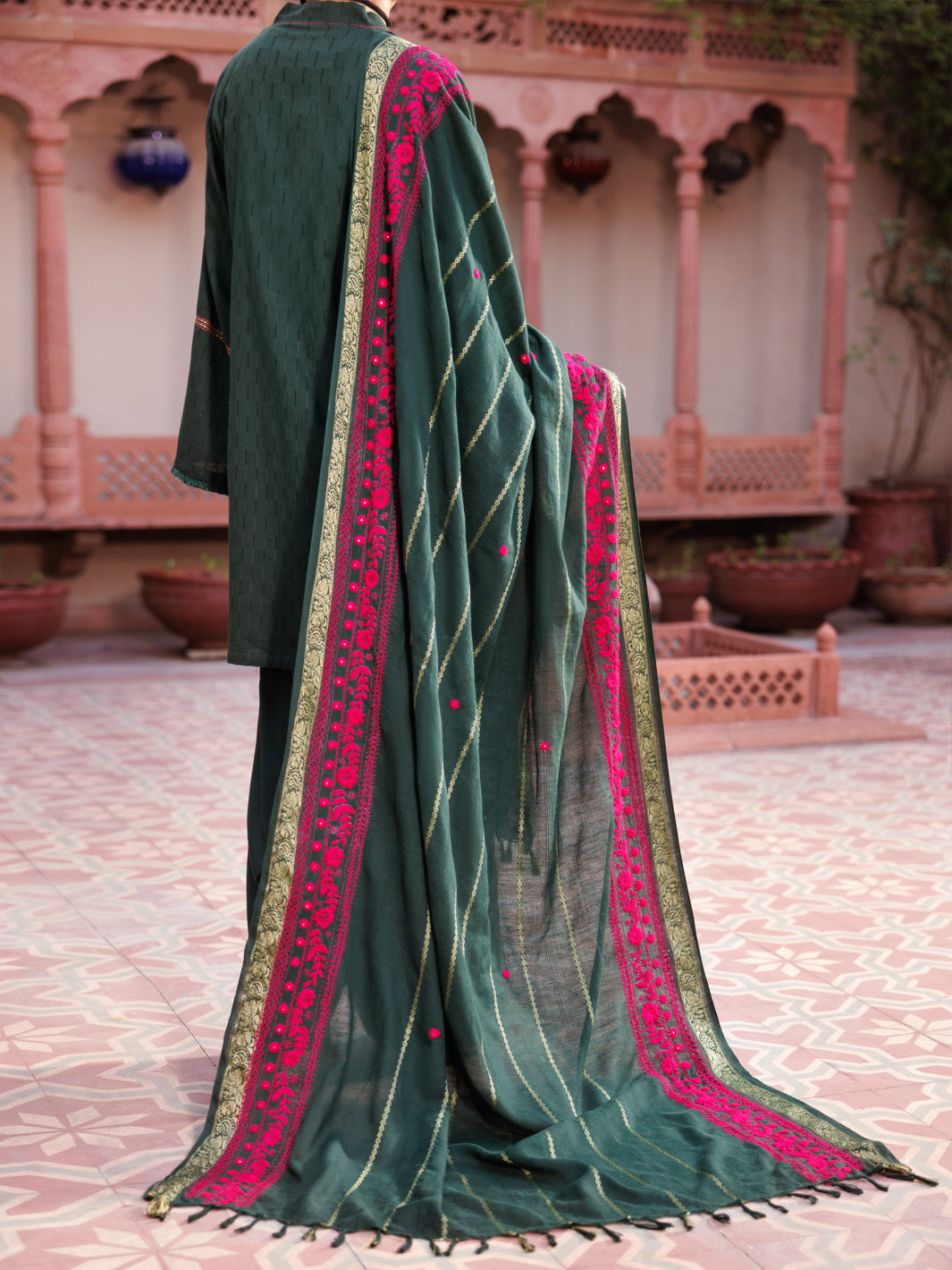 Almirah Green Cotton Dobby 3Pc Stitched - ALP-3PS-2134
