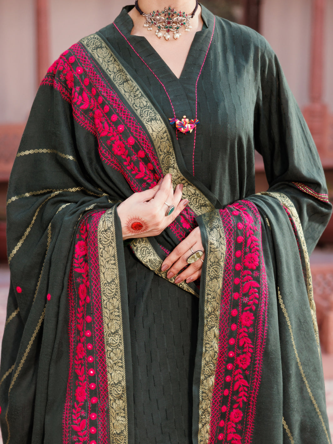 Almirah Green Cotton Dobby 3Pc Stitched - ALP-3PS-2134