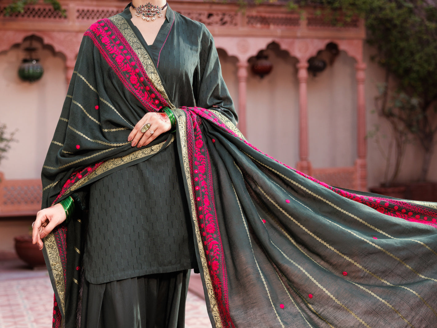 Almirah Green Cotton Dobby 3Pc Stitched - ALP-3PS-2134